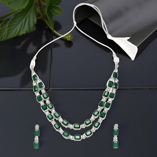 Green Color American Diamond Necklace and Earrings Set