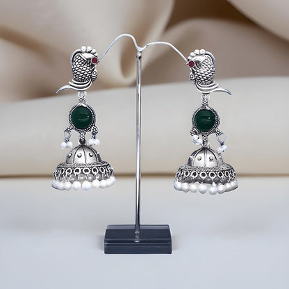 Oxidised Silver Stone Stud Earrings For Girls