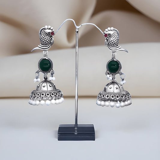 Oxidised Silver Stone Stud Earrings For Girls