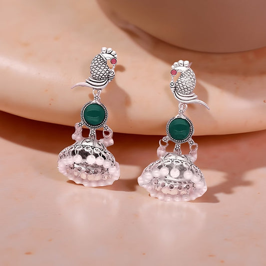 Oxidised Silver Stone Stud Earrings For Girls