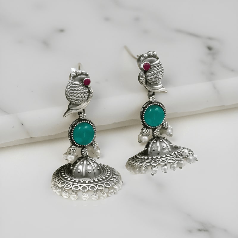 Oxidised Silver Stone Stud Earrings For Girls