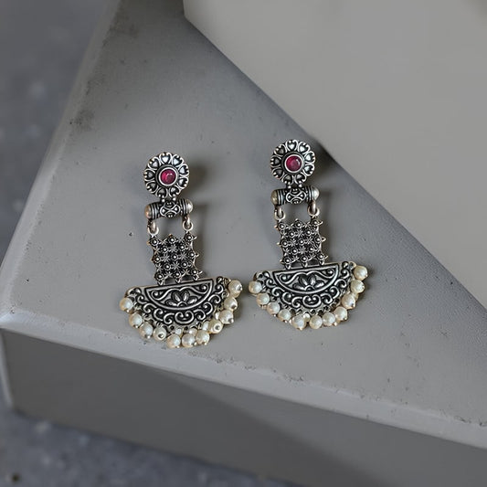 Oxidised Silver Stone Stud Earrings 