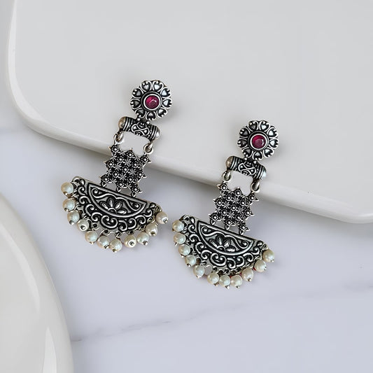 Oxidised Silver Stone Stud Earrings 