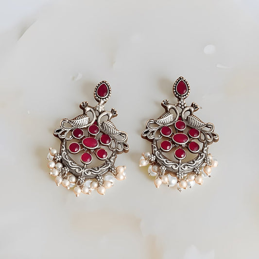 Oxidized Silver Earrings with Ruby Red Stones