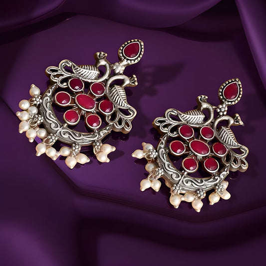 Oxidized Silver Earrings with Ruby Red Stones