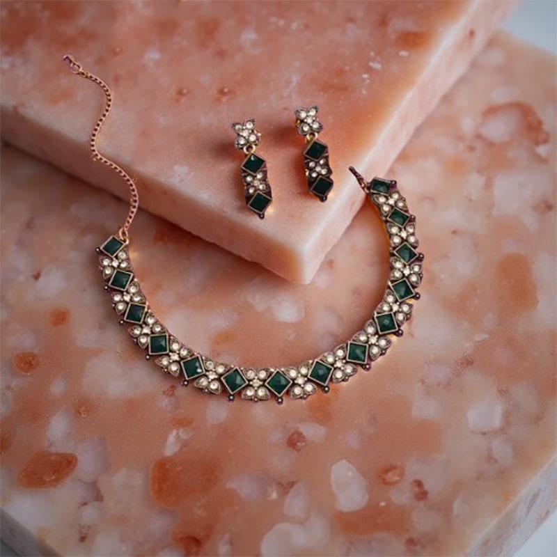 Green American Diamond Necklace Set 