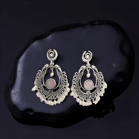 Antique Oxidized Silver Chandbali Earrings with Pearls